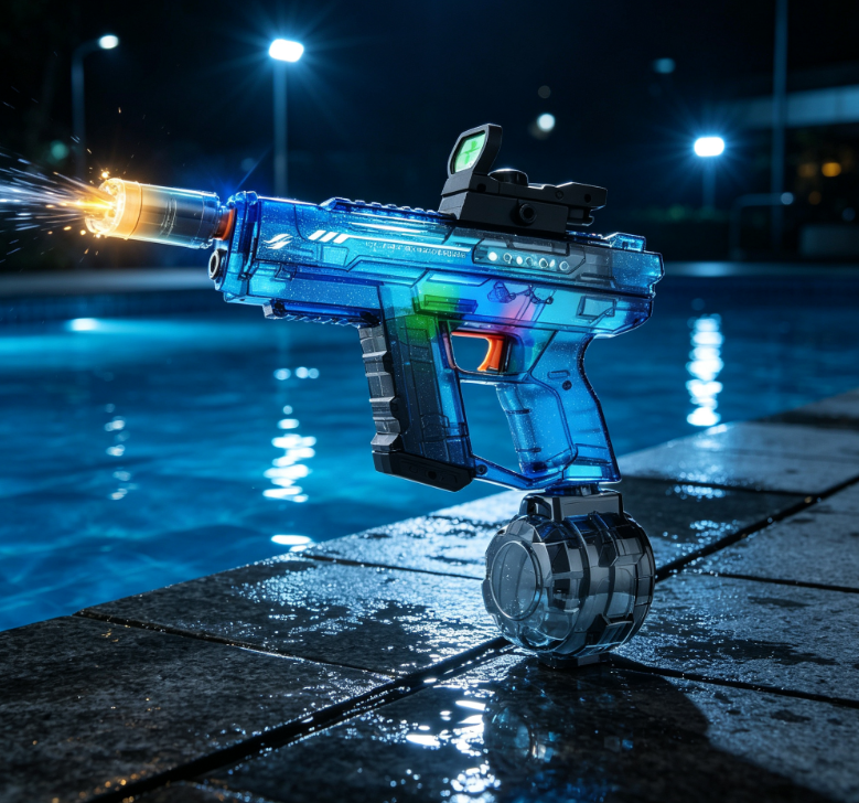 ranslucent Blue Tactical Water Gun – Nighttime Pool Party Toy
