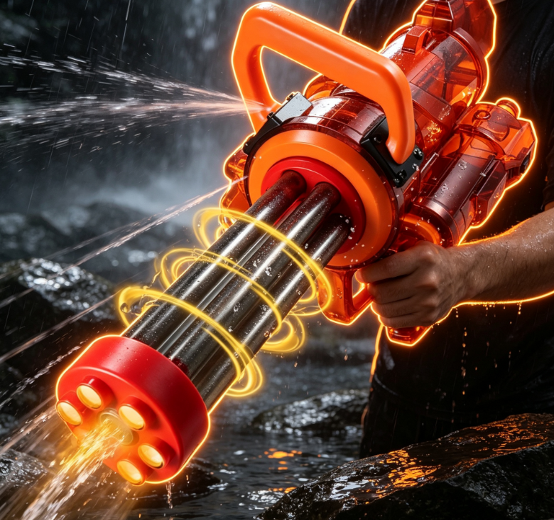 Transparent Orange Multi-Nozzle Gatling Water Gun – Poolside Battle Toy - Image 2