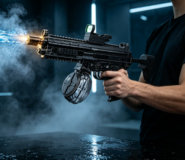 Sleek Black Drum-Reservoir Water Blaster – Ideal for Low-Light Outdoor Play