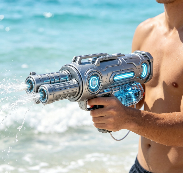 Silver-Grey Sci-Fi Style Triple-Nozzle Water Gun – Beach & Pool Play Toy - Image 2