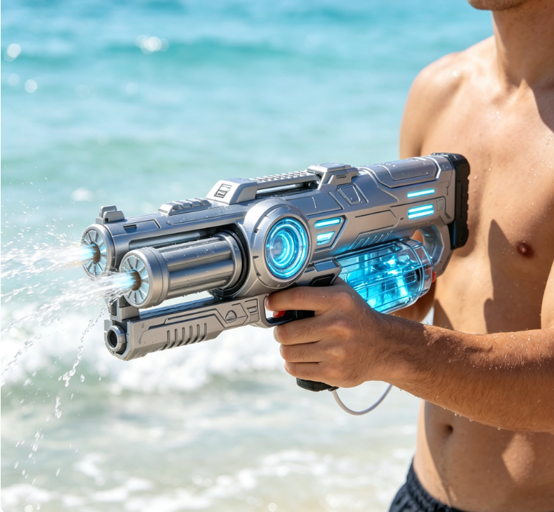 Silver-Grey Sci-Fi Style Triple-Nozzle Water Gun – Beach & Pool Play Toy